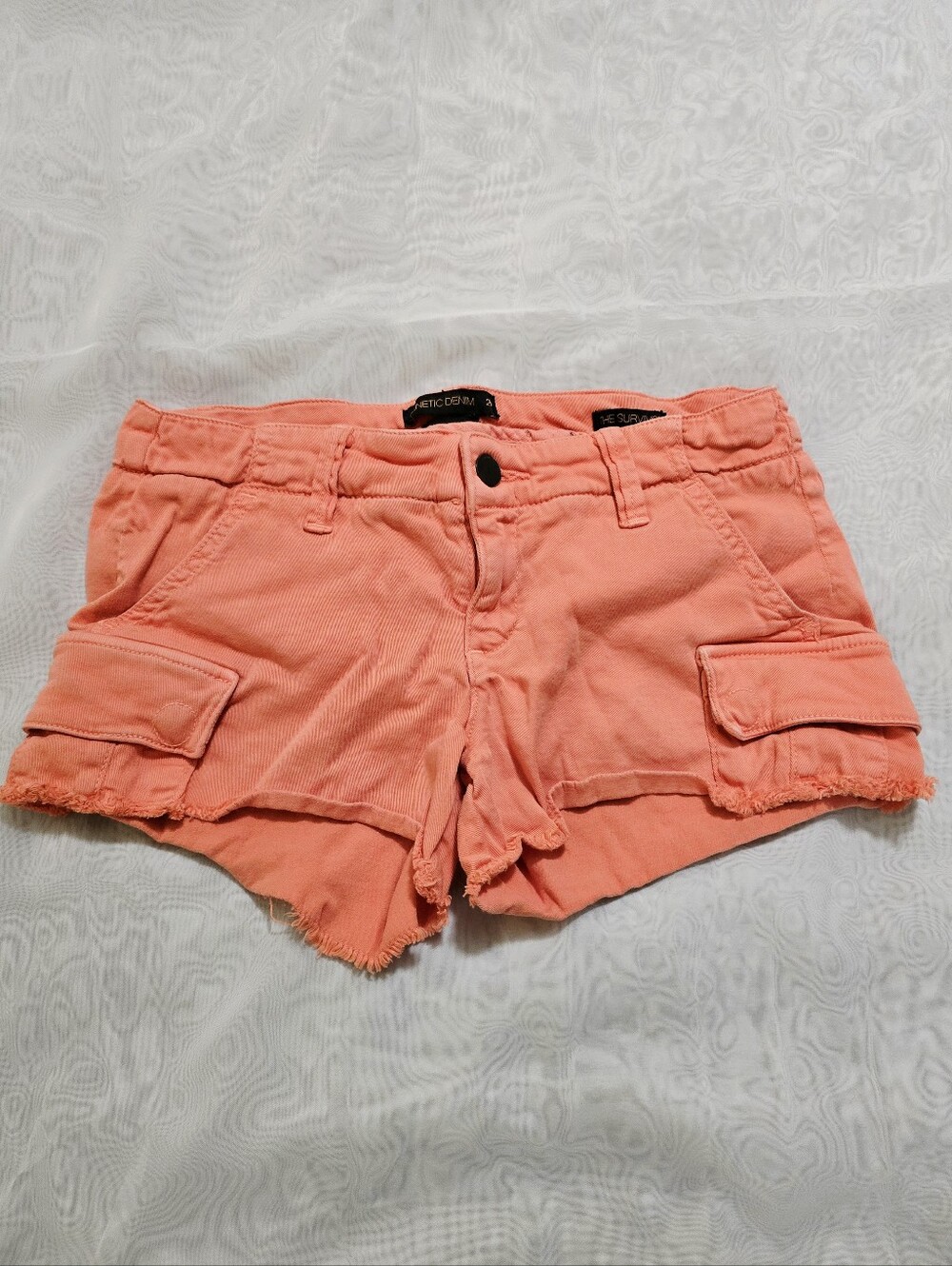 Genetic Denim Coral Red Orange Pink The Survivor Cut Off Jean Shorts